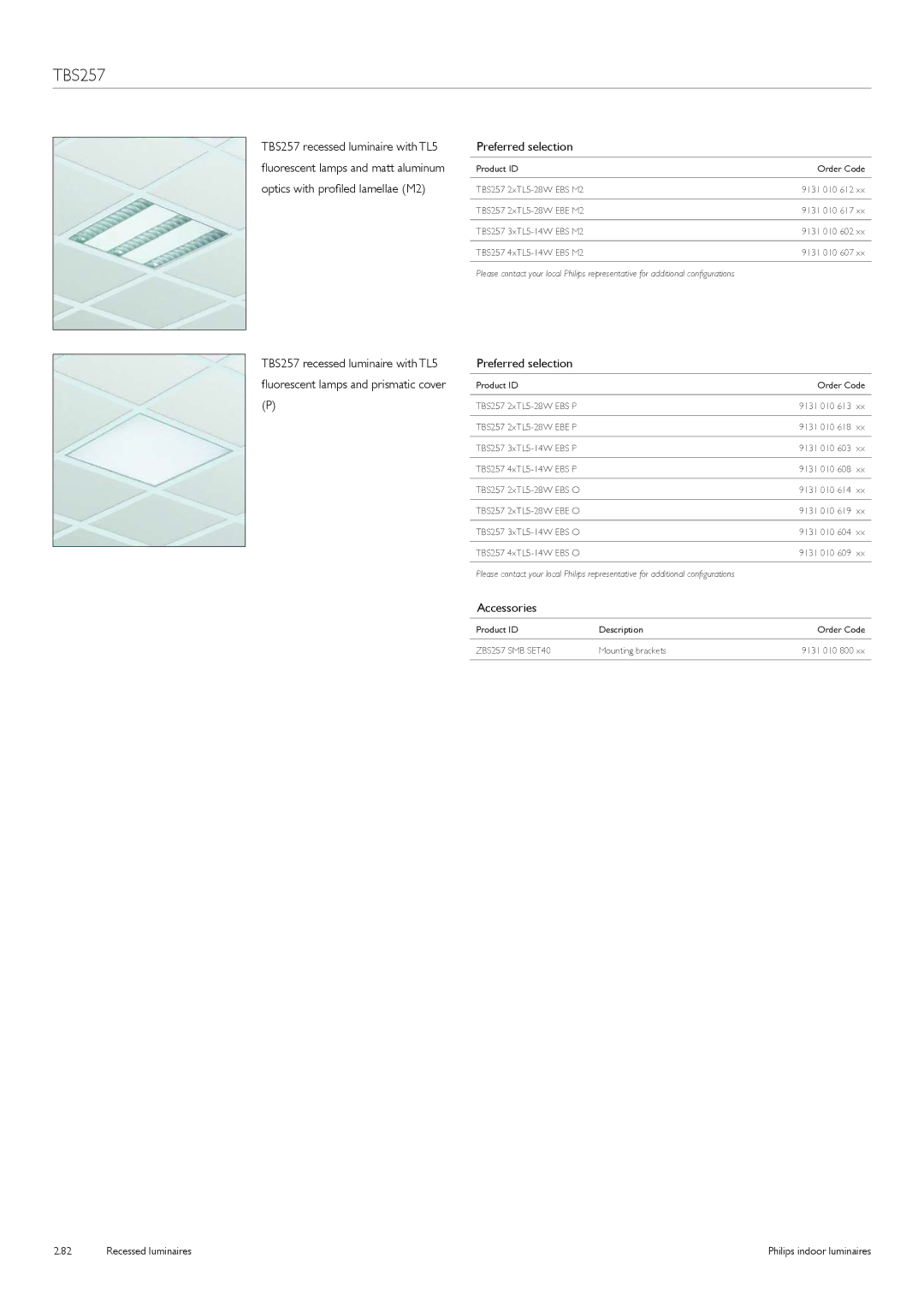 Philips Indoor Luminaires manual TBS257 recessed luminaire with TL5 Preferred selection, Accessories 