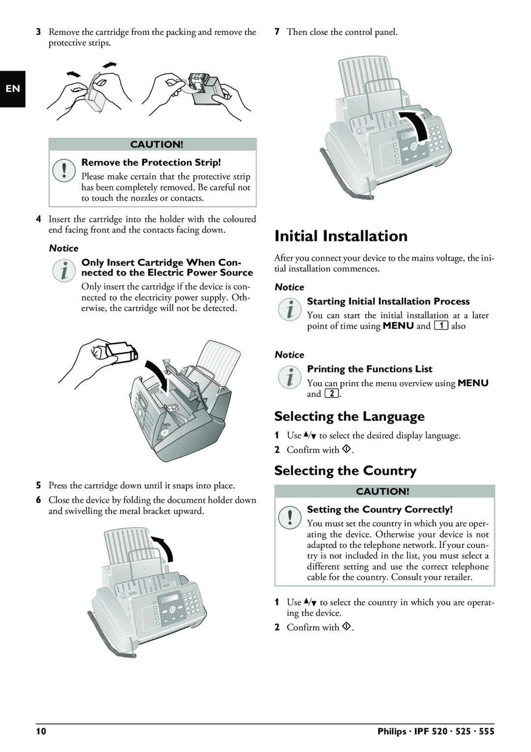 Philips IPF555, IPF525, IPF520 user manual Initial Installation, Selecting the Language, Selecting the Country 