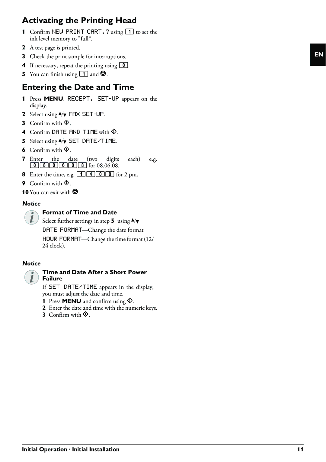 Philips IPF520, IPF525, IPF555 user manual Activating the Printing Head, Entering the Date and Time, Format of Time and Date 