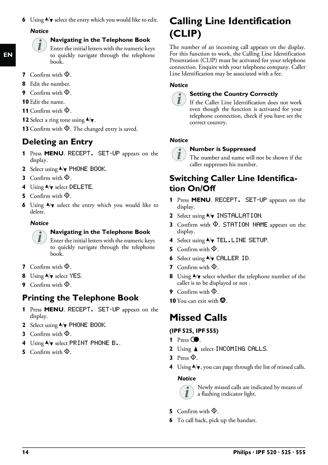 Philips IPF520, IPF525 Calling Line Identification Clip, Missed Calls, Deleting an Entry, Printing the Telephone Book 