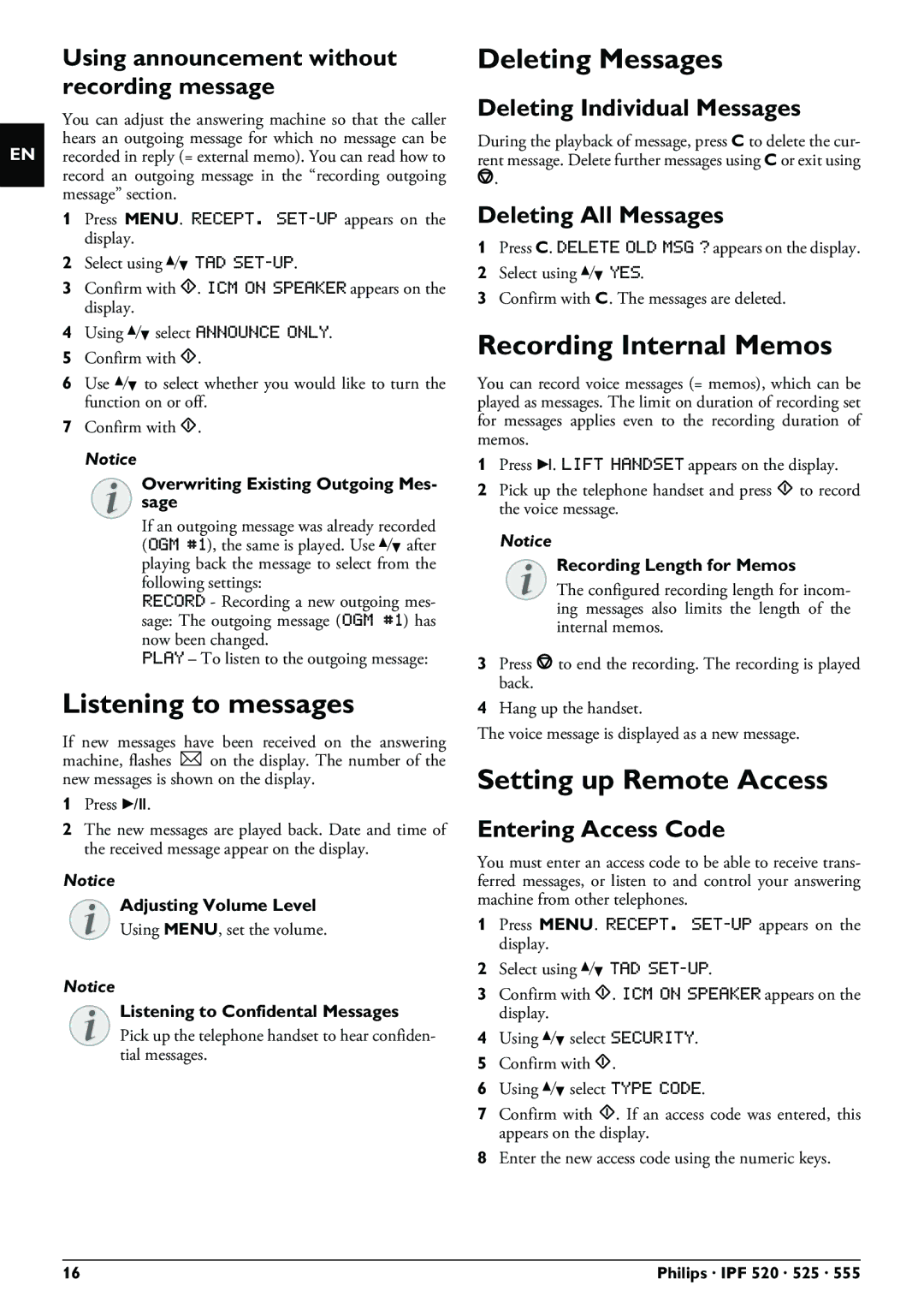 Philips IPF555, IPF525, IPF520 Listening to messages, Deleting Messages, Recording Internal Memos, Setting up Remote Access 