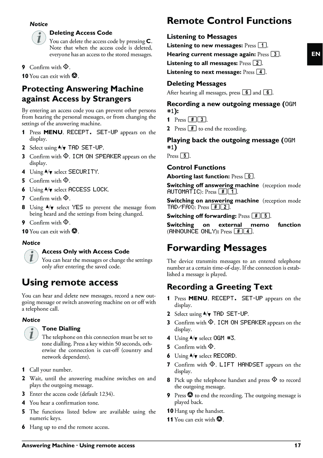 Philips IPF520, IPF525 Using remote access, Remote Control Functions, Forwarding Messages, Recording a Greeting Text 