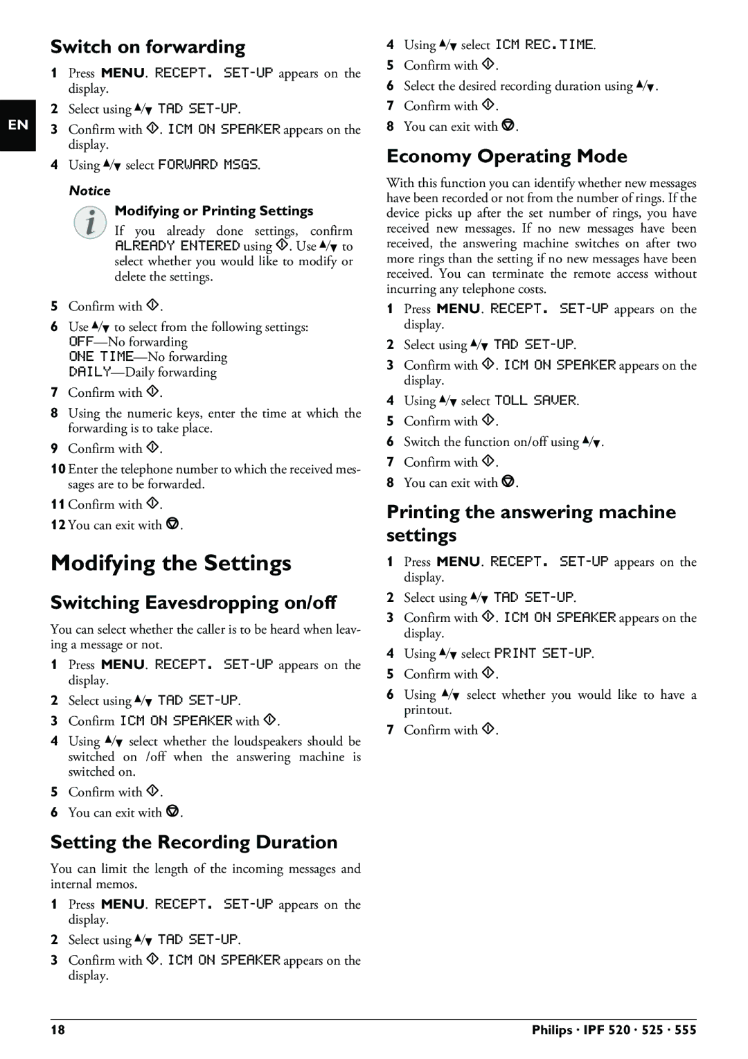 Philips IPF525, IPF555, IPF520 user manual Modifying the Settings 