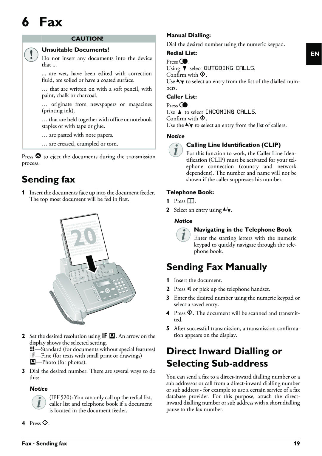 Philips IPF555, IPF525, IPF520 Sending fax, Sending Fax Manually, Direct Inward Dialling or Selecting Sub-address 