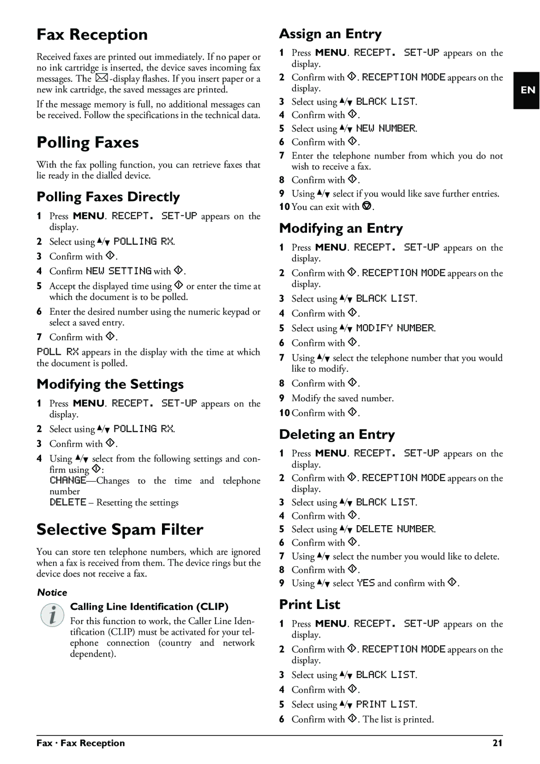 Philips IPF525, IPF555, IPF520 user manual Fax Reception, Polling Faxes, Selective Spam Filter 