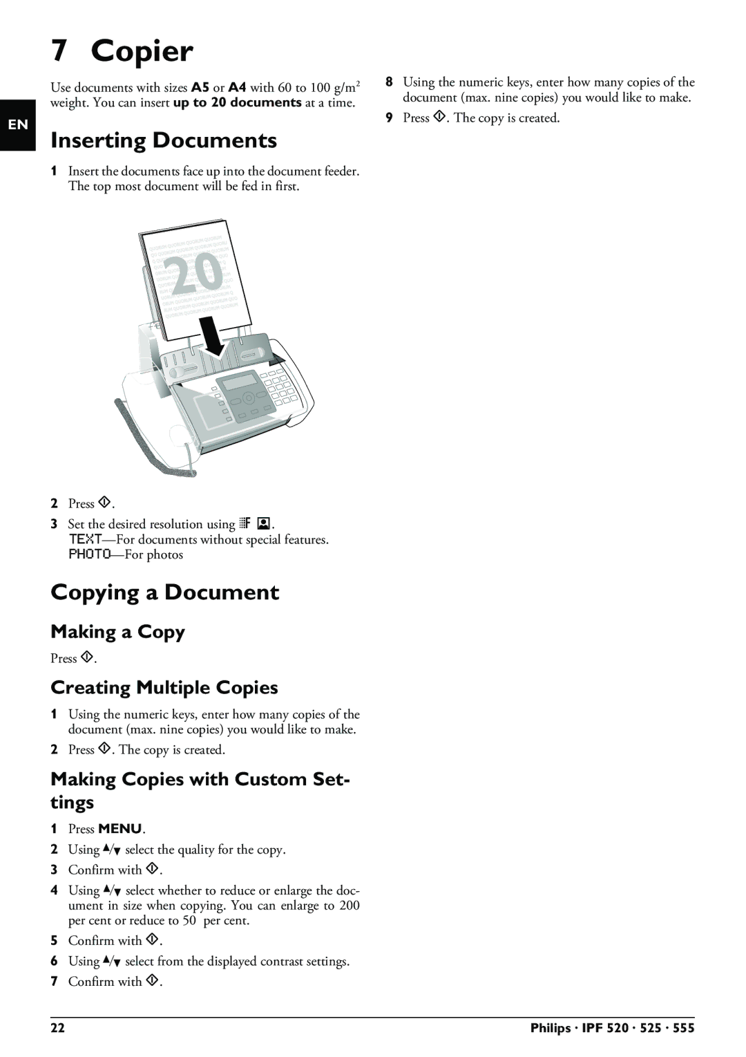 Philips IPF555, IPF525, IPF520 user manual Copier, Inserting Documents, Copying a Document 