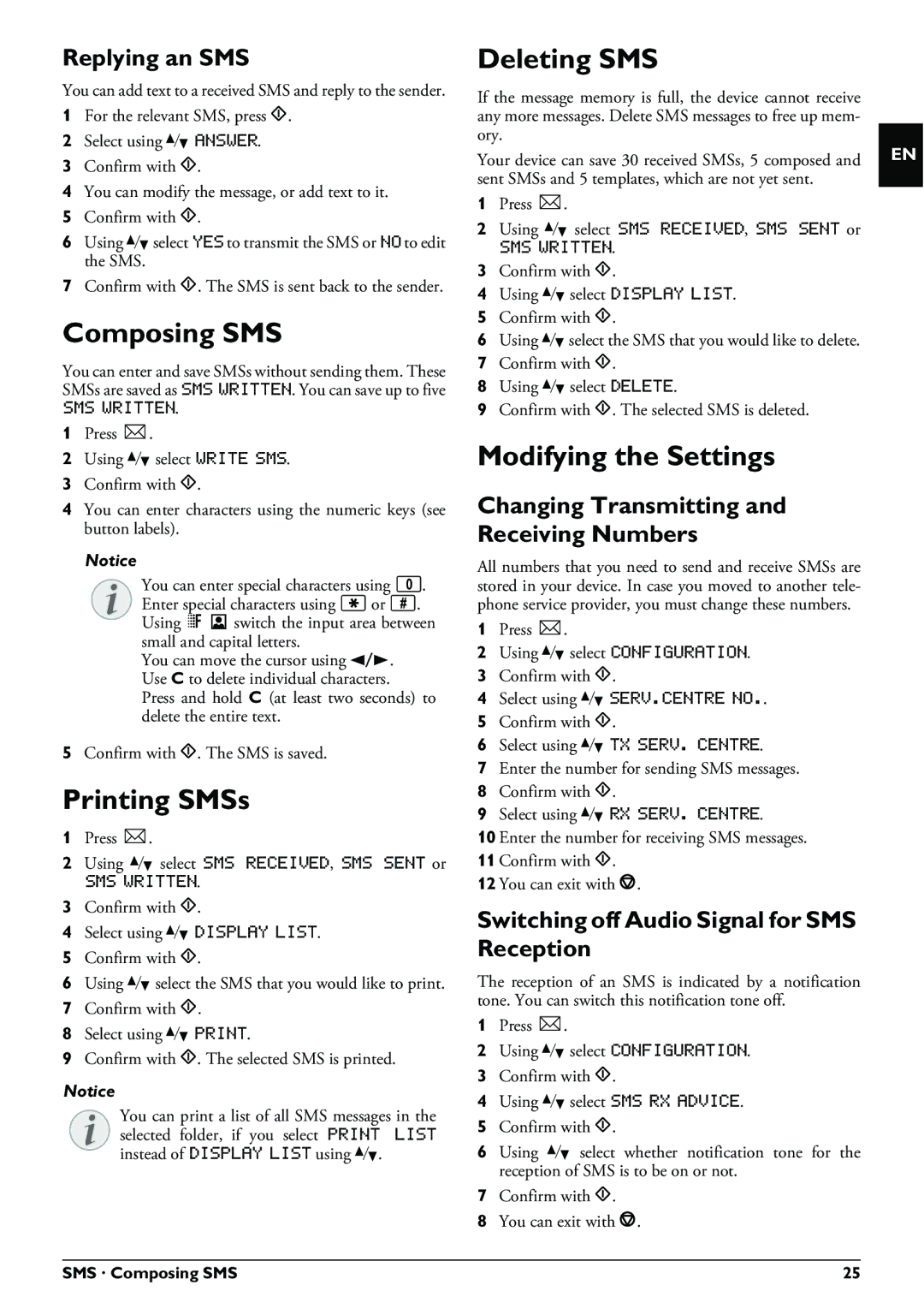 Philips IPF555, IPF525, IPF520 user manual Composing SMS, Printing SMSs, Deleting SMS 