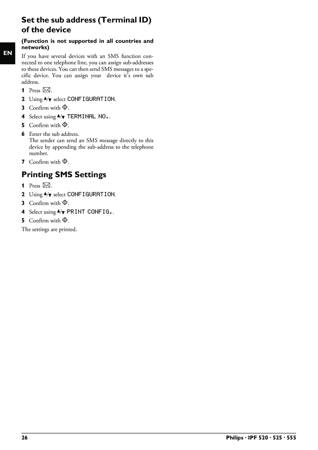 Philips IPF520, IPF525, IPF555 user manual Set the sub address Terminal ID of the device, Printing SMS Settings 