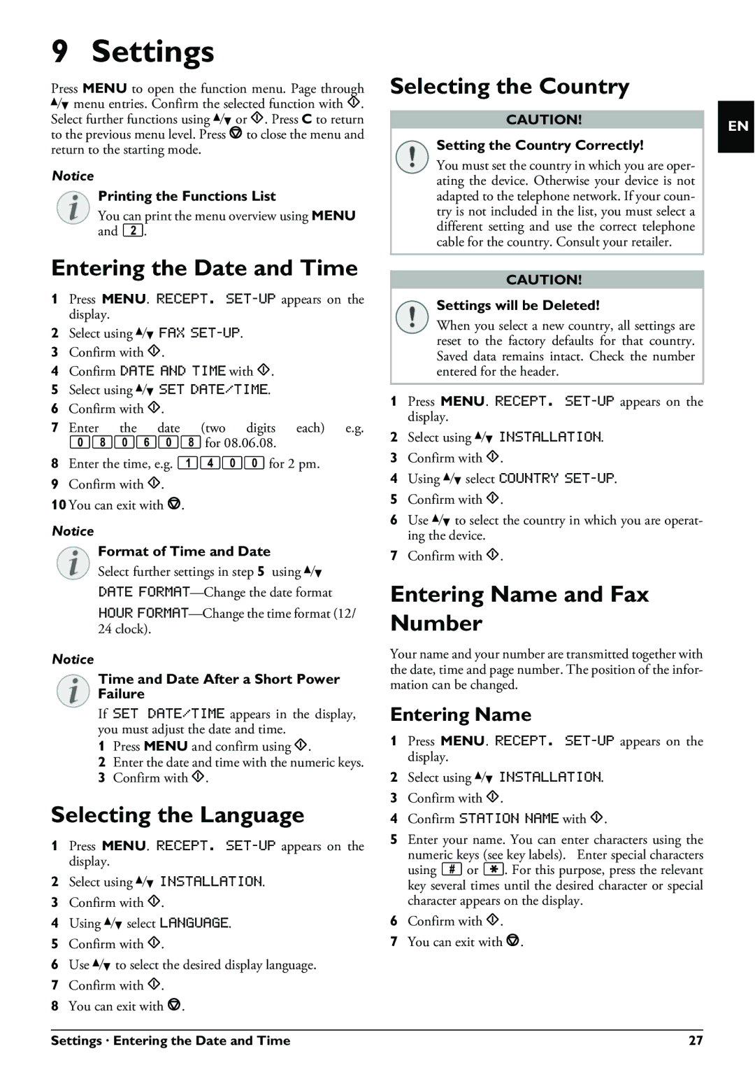 Philips IPF525, IPF555, IPF520 Settings, Entering the Date and Time, Selecting the Language, Selecting the Country 