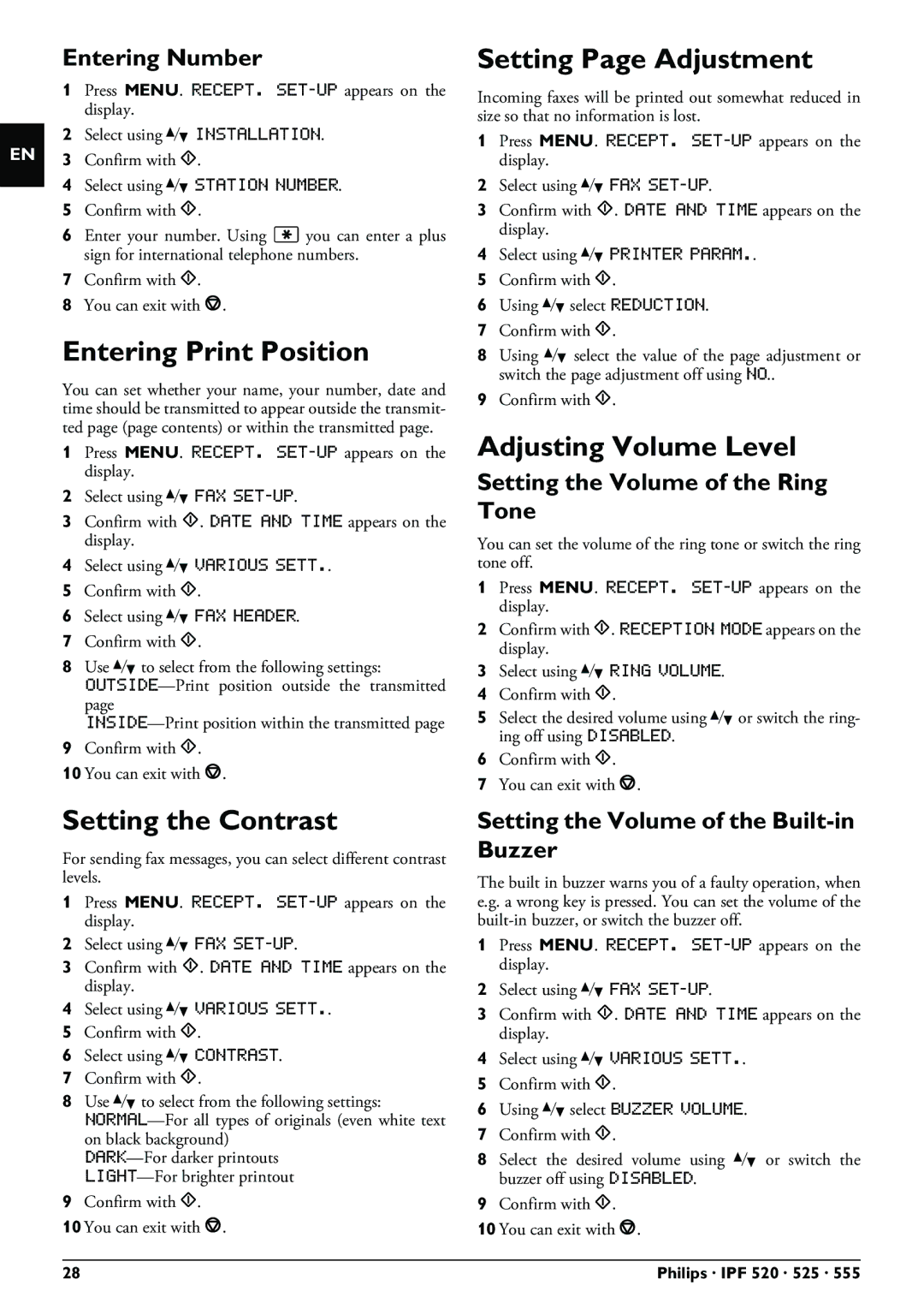 Philips IPF555, IPF525 Entering Print Position, Setting the Contrast, Setting Page Adjustment, Adjusting Volume Level 