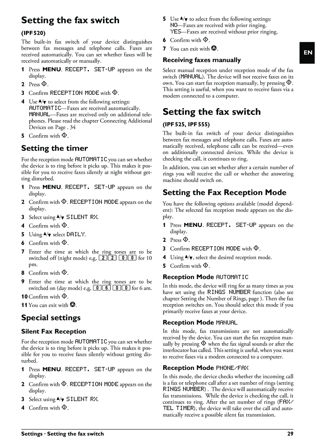 Philips IPF520, IPF525, IPF555 Setting the fax switch, Setting the timer, Special settings, Setting the Fax Reception Mode 