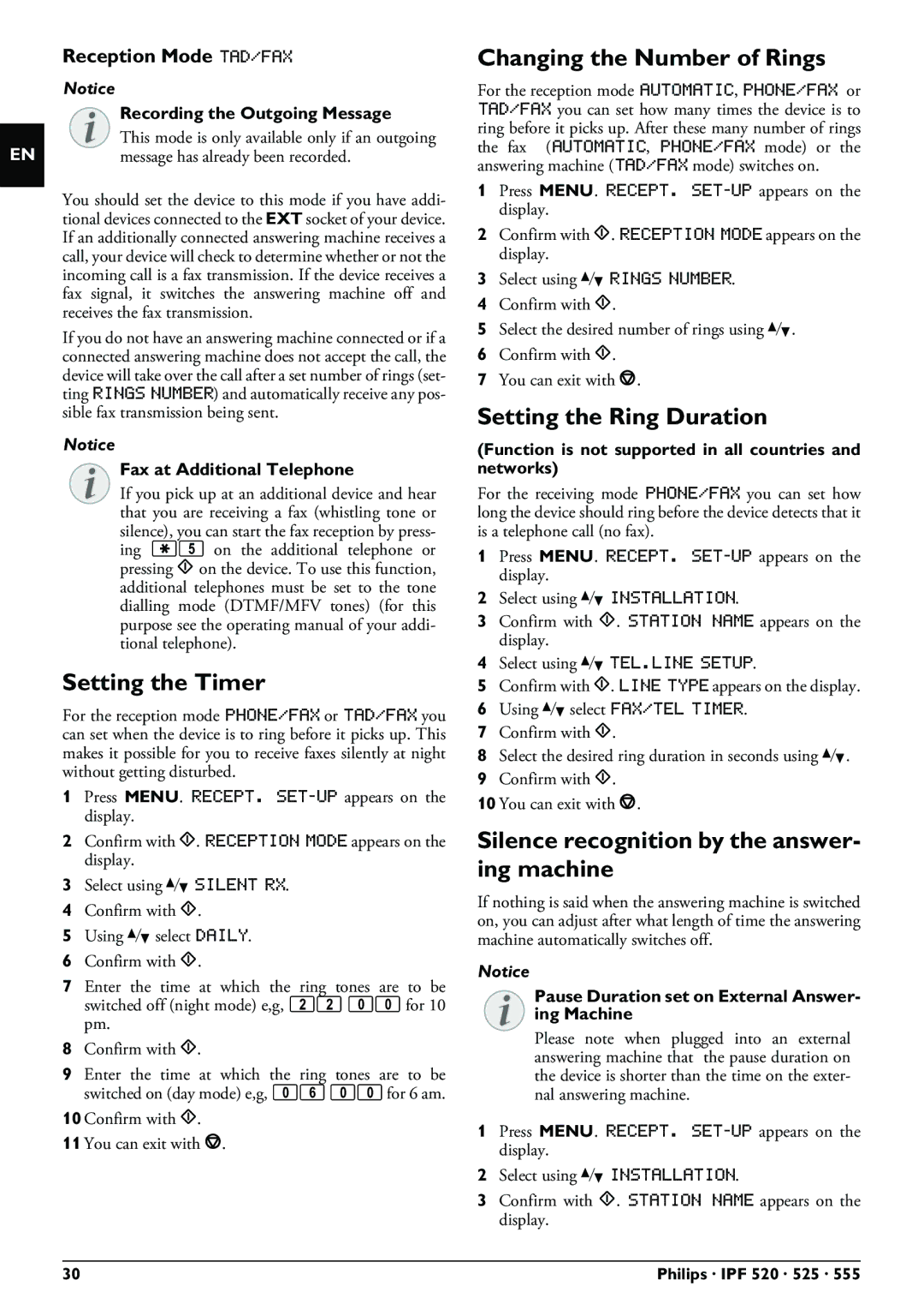 Philips IPF525 Changing the Number of Rings, Setting the Ring Duration, Silence recognition by the answer- ing machine 
