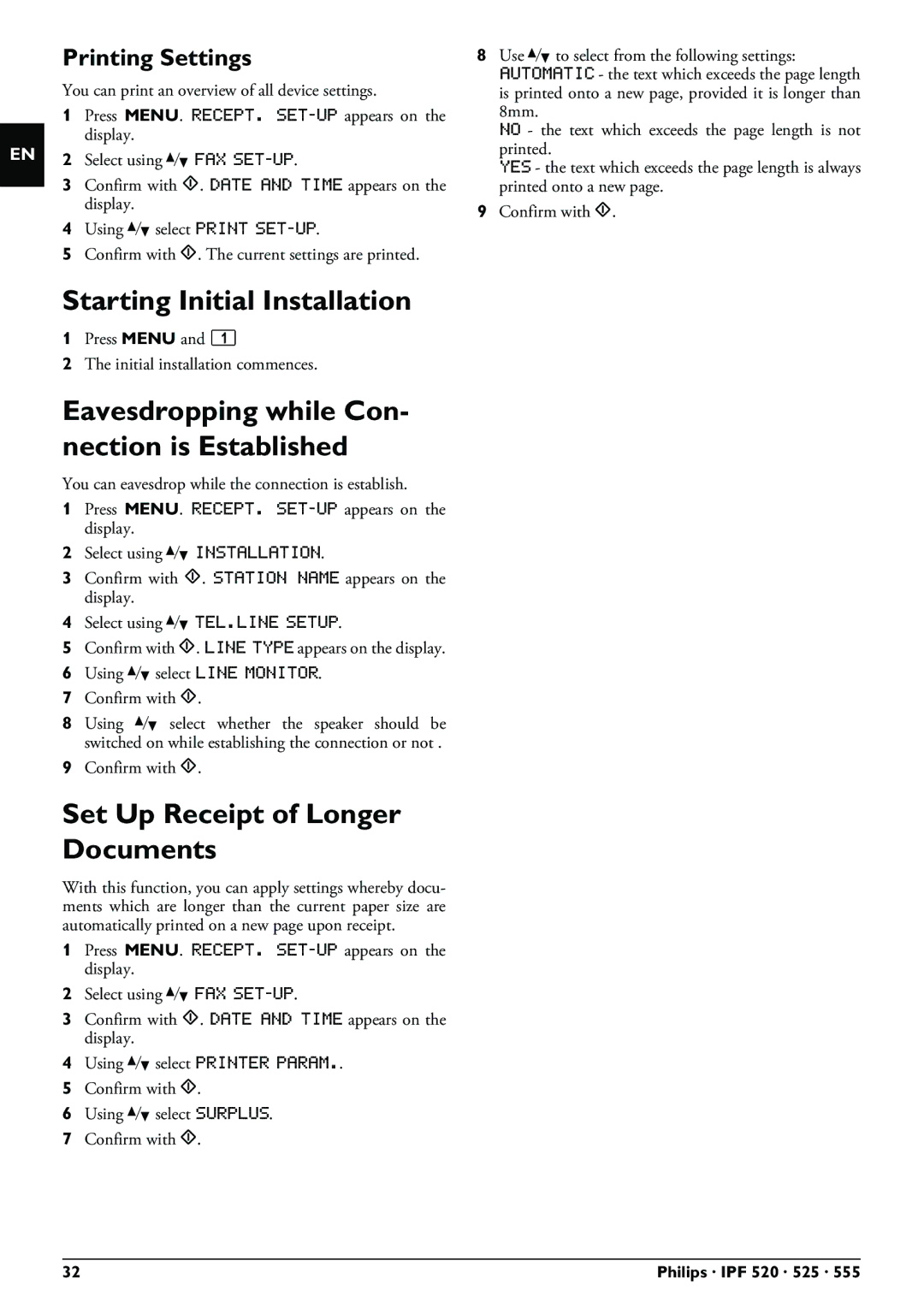 Philips IPF520, IPF525 Starting Initial Installation, Eavesdropping while Con- nection is Established, Printing Settings 