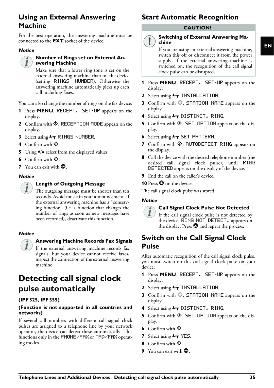 Philips IPF520, IPF525, IPF555 Detecting call signal clock pulse automatically, Using an External Answering Machine 