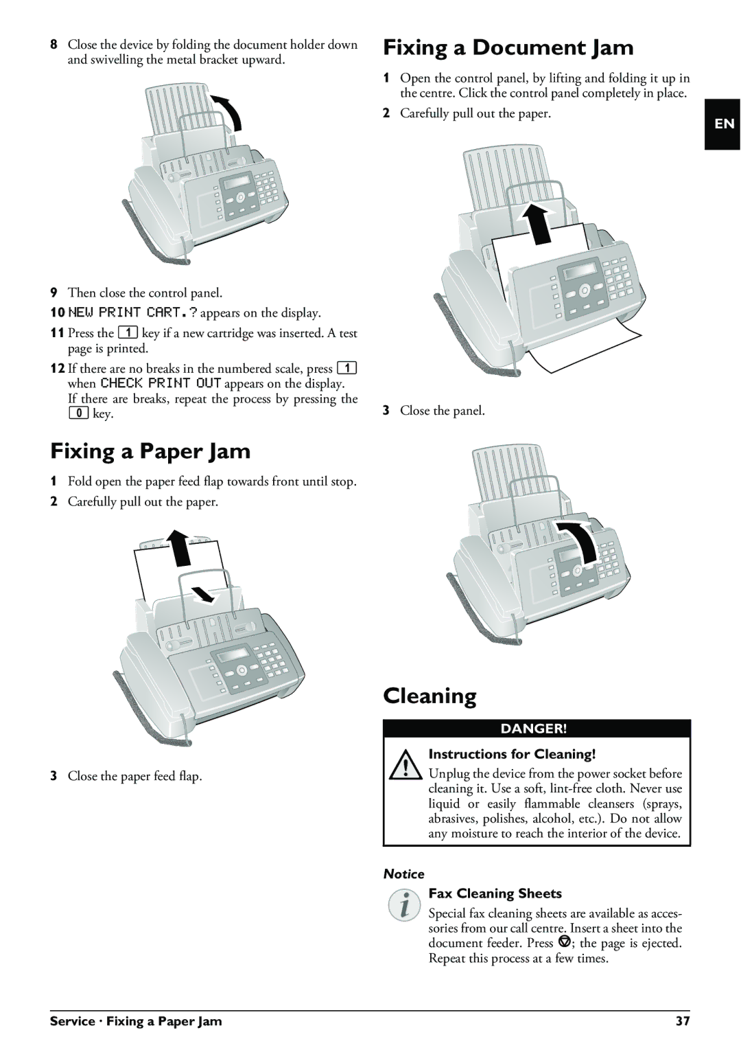 Philips IPF555, IPF525 Fixing a Document Jam, Fixing a Paper Jam, Instructions for Cleaning, Fax Cleaning Sheets 