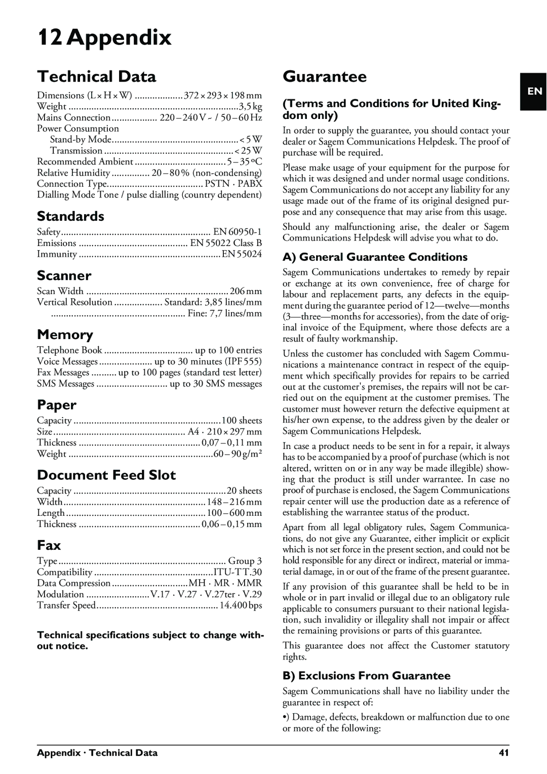 Philips IPF520, IPF525, IPF555 user manual Appendix, Technical Data, Guarantee 