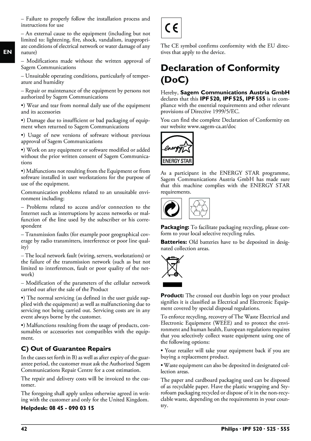 Philips IPF525, IPF555, IPF520 user manual Declaration of Conformity DoC, Out of Guarantee Repairs, Helpdesk 08 45 090 03 