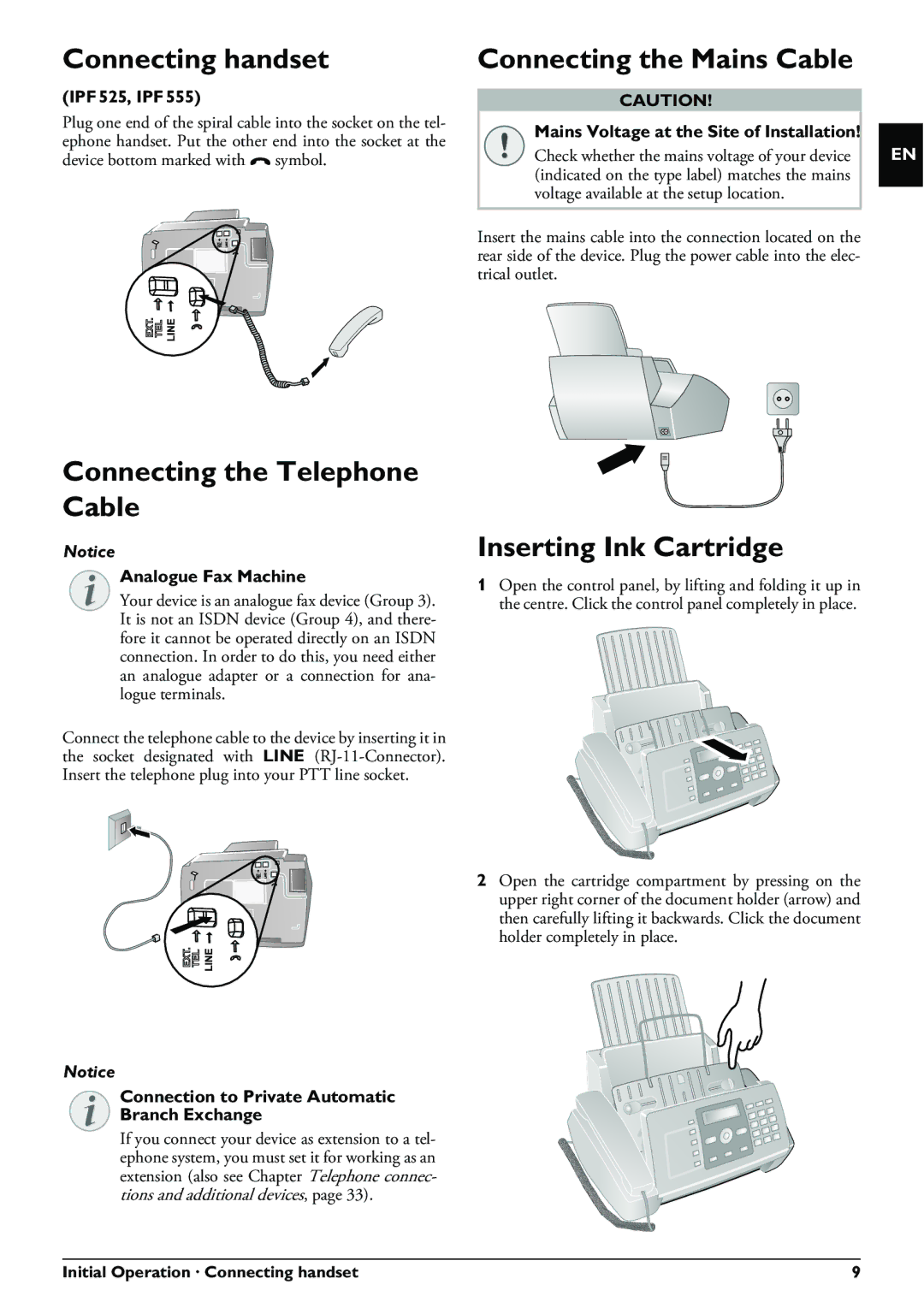 Philips IPF525 Connecting handset, Connecting the Mains Cable, Connecting the Telephone Cable, Inserting Ink Cartridge 