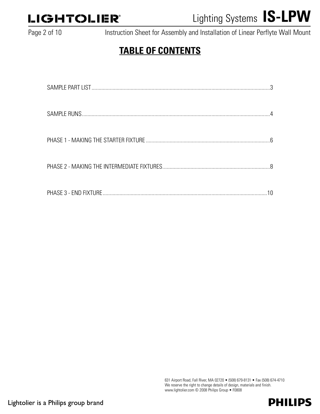 Philips IS-LPW manual Table of Contents 