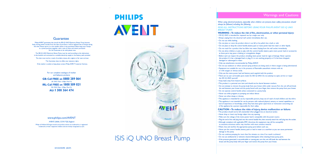 Philips ISIS iQ UNO user service Isis iQ UNO Breast Pump 