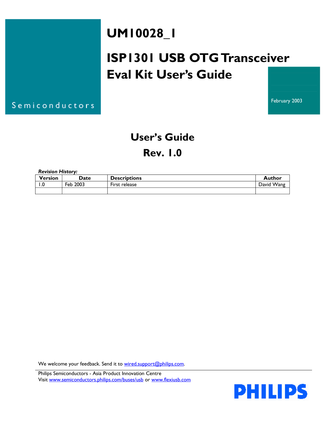 Philips manual UM100281 ISP1301 USB OTG Transceiver Eval Kit User’s Guide 