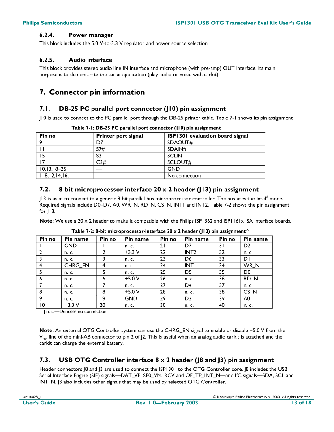 Philips ISP1301 manual Connector pin information, DB-25 PC parallel port connector J10 pin assignment, Power manager 