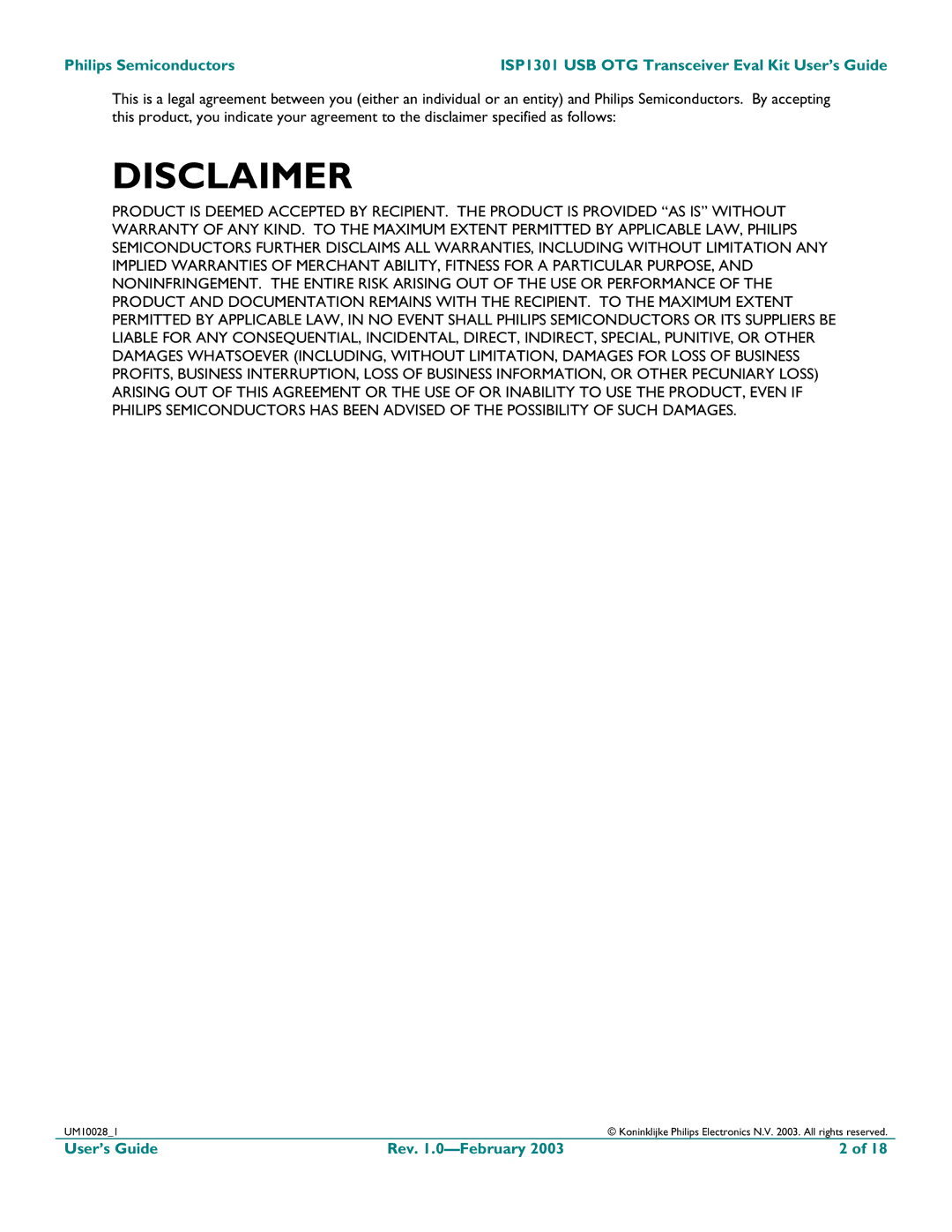 Philips ISP1301 manual Disclaimer 