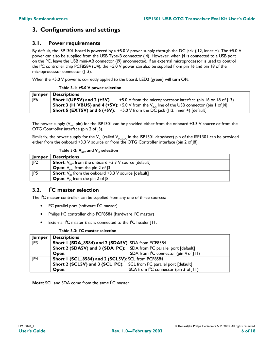 Philips ISP1301 manual Configurations and settings, Power requirements, I2C master selection 