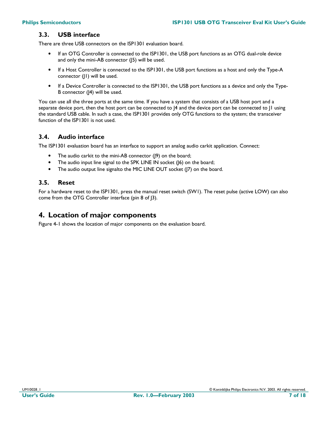 Philips ISP1301 manual Location of major components, USB interface, Audio interface, Reset 