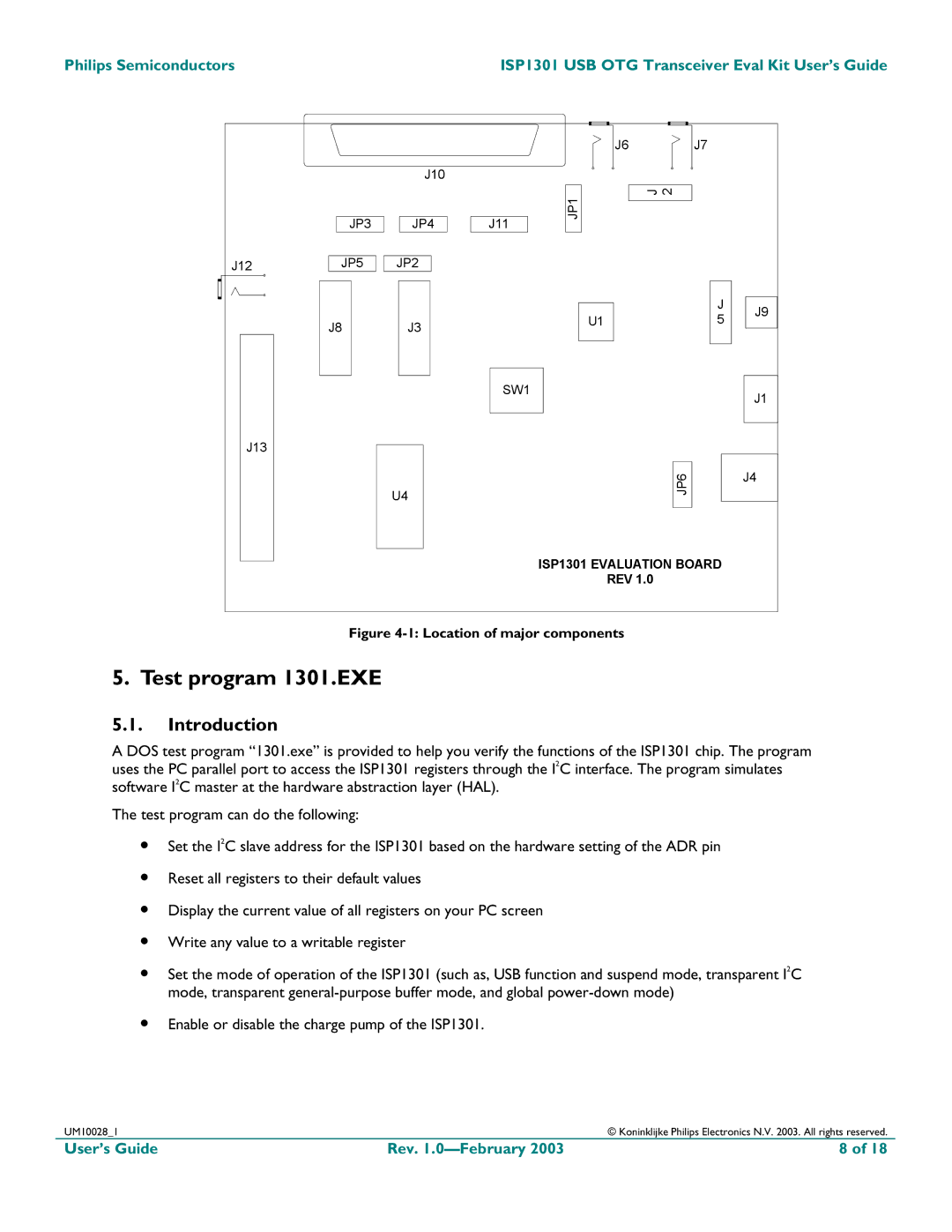 Philips ISP1301 manual Test program 1301.EXE, Introduction 