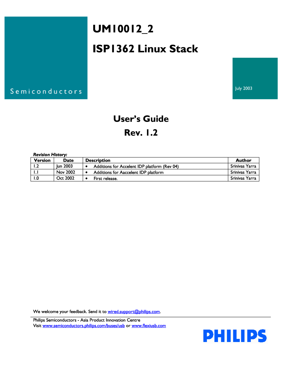 Philips manual UM10012_2 ISP1362 Linux Stack, User’s Guide Rev, July, Revision History 