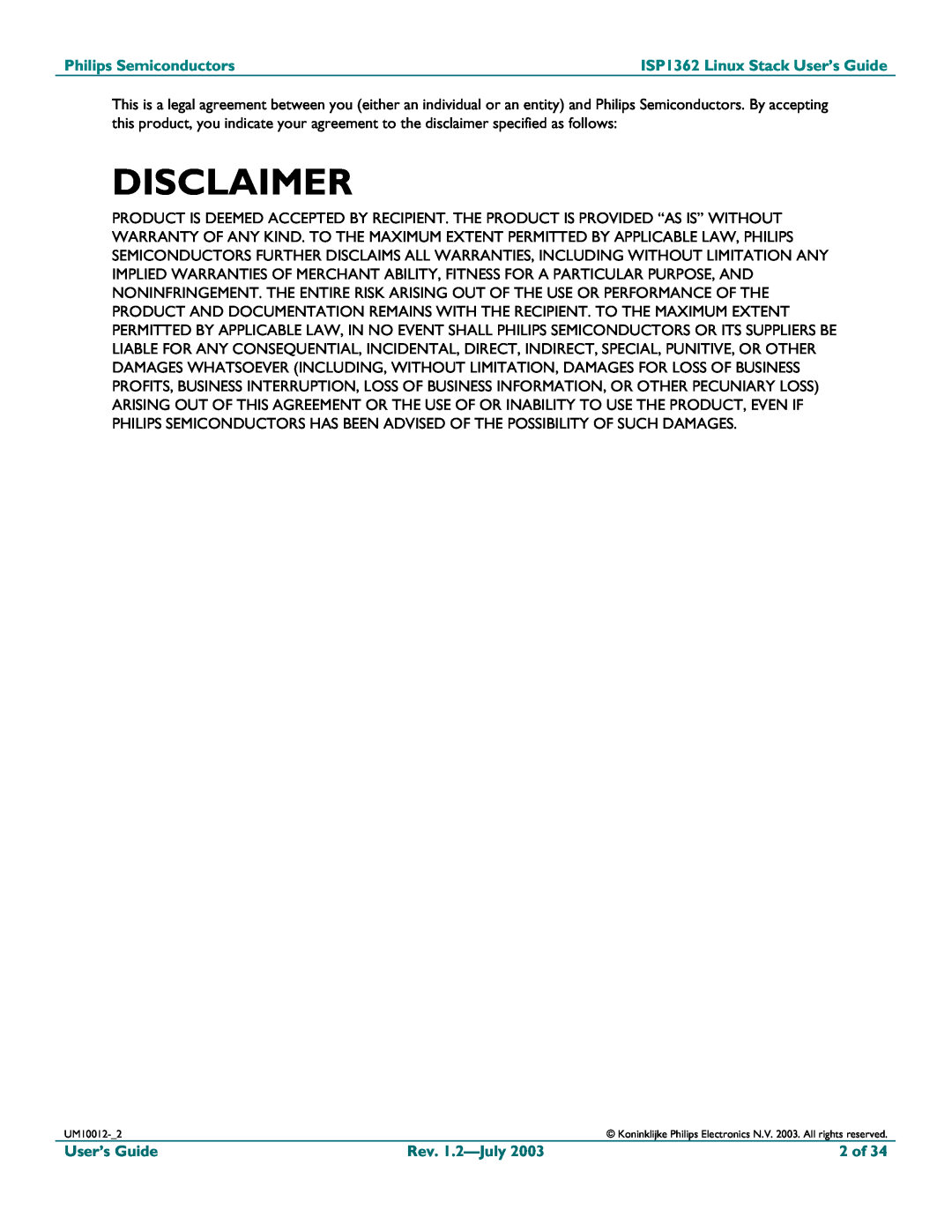 Philips manual Disclaimer, Philips Semiconductors, ISP1362 Linux Stack User’s Guide, Rev. 1.2—July2003, 2 of 