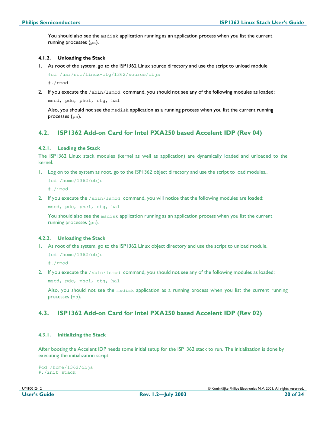 Philips ISP1362 manual Unloading the Stack, Loading the Stack, Initializing the Stack 