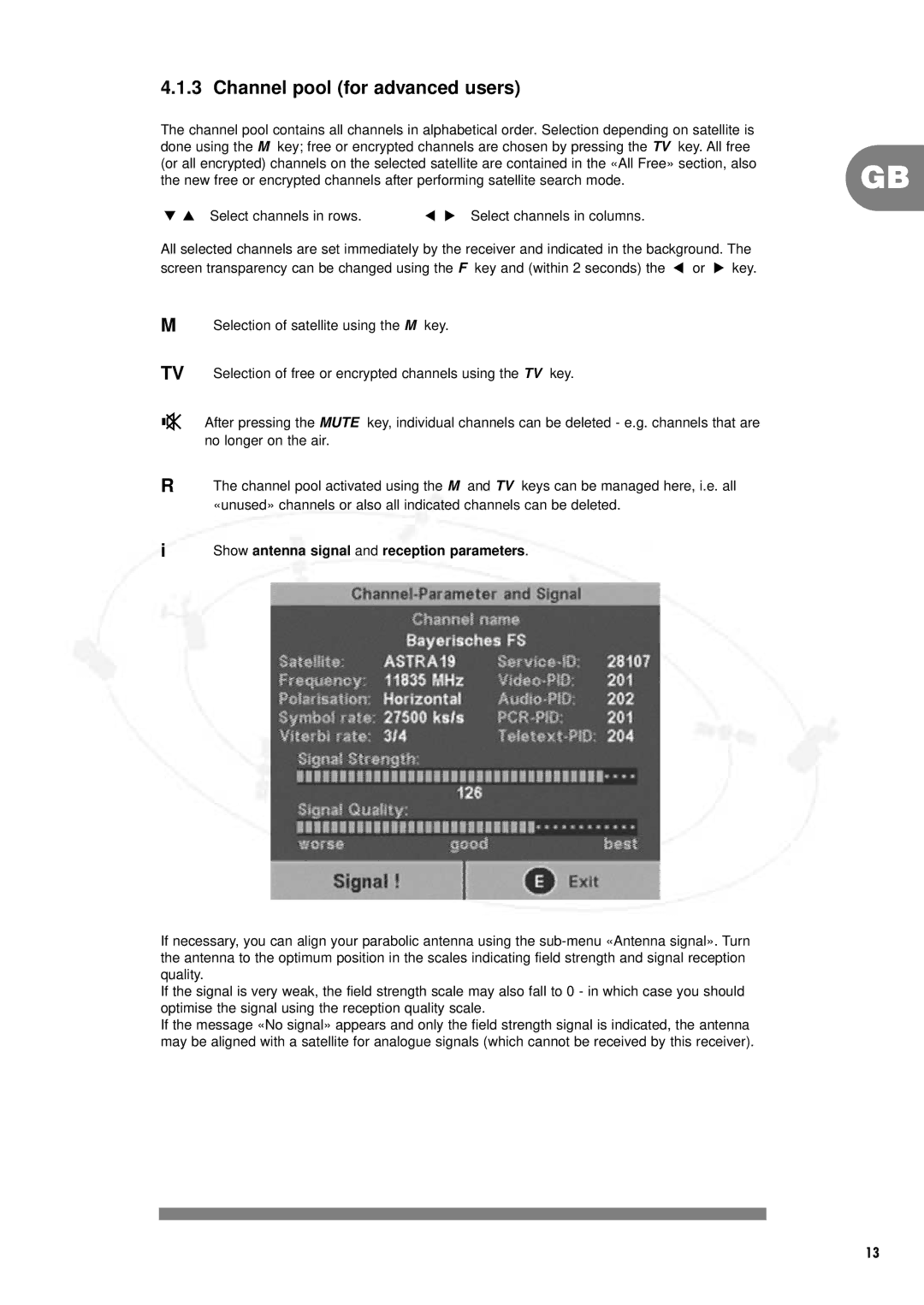 Philips DSR 1000, IT-DSR1000/S manual Channel pool for advanced users, Show antenna signal and reception parameters 