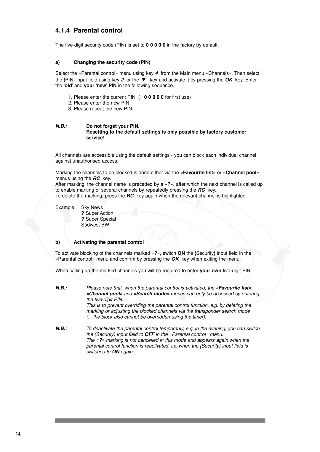 Philips IT-DSR1000/S, DSR 1000 manual Parental control, Changing the security code PIN, Activating the parental control 