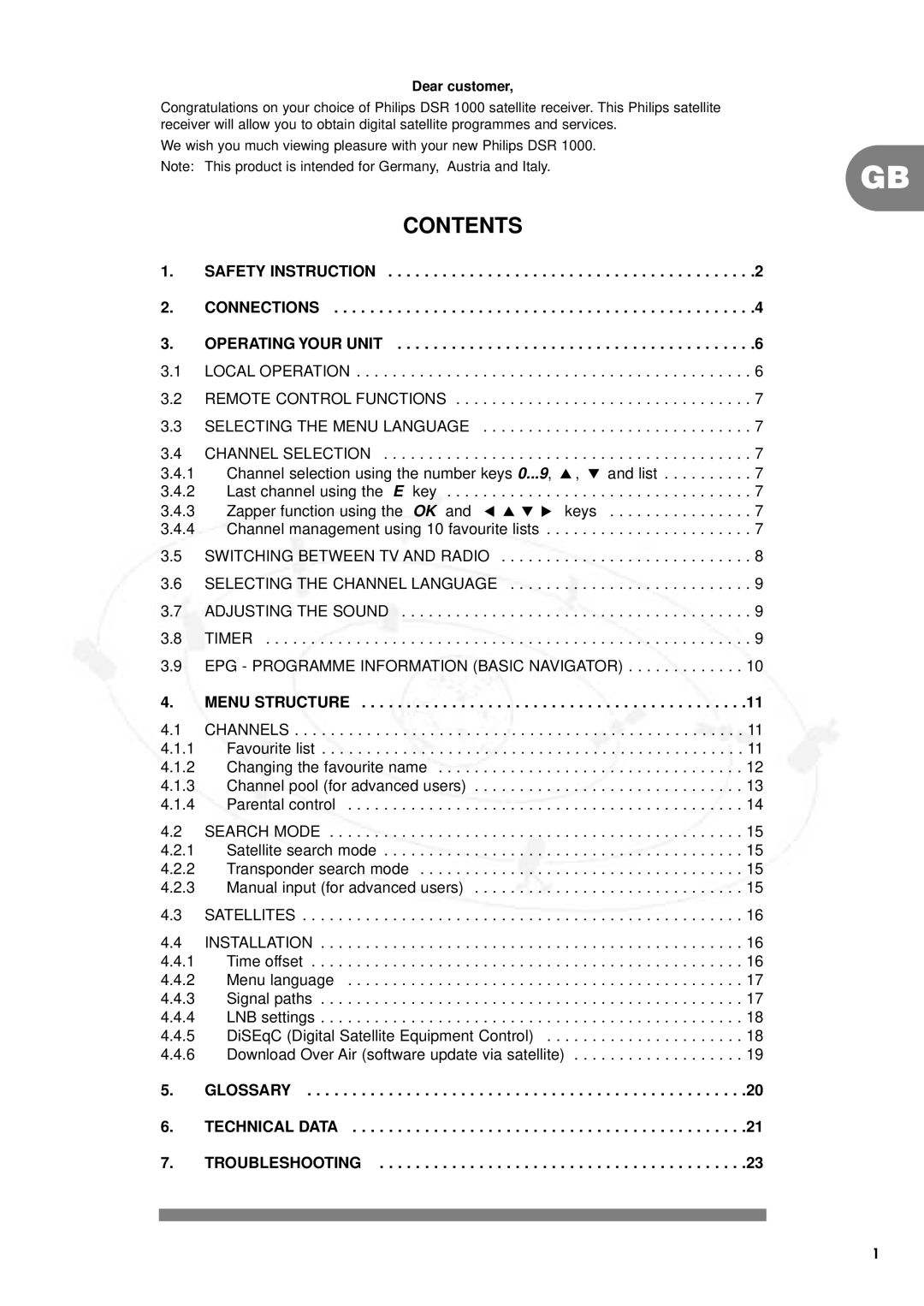 Philips DSR 1000, IT-DSR1000/S manual Contents 