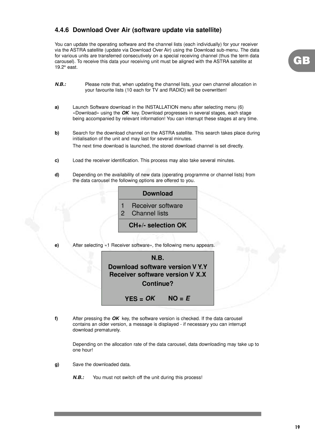 Philips DSR 1000, IT-DSR1000/S manual Download Over Air software update via satellite, CH+/- selection OK 