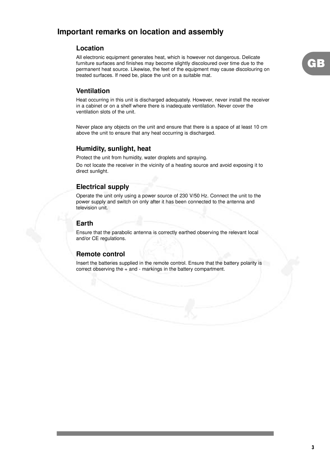 Philips IT-DSR1000/S, DSR 1000 Location, Ventilation, Humidity, sunlight, heat, Electrical supply, Earth, Remote control 