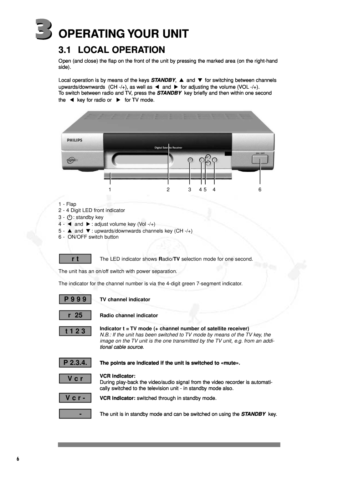 Philips IT-DSR1000/S, DSR 1000 Operating Your Unit, Local Operation, P 9 9 r 25 t 1 2 P 2.3.4. V c r V c r, VCR indicator 