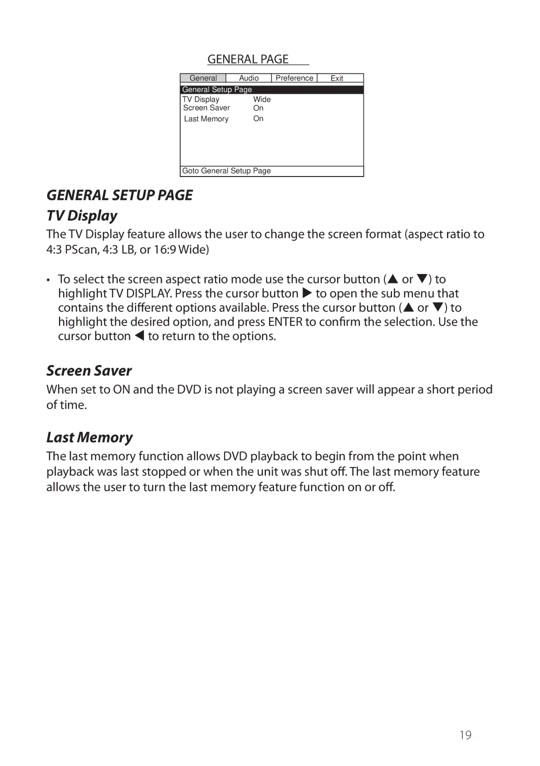 Philips JENHR1D operation manual General Setup, TV Display, Screen Saver, Last Memory 