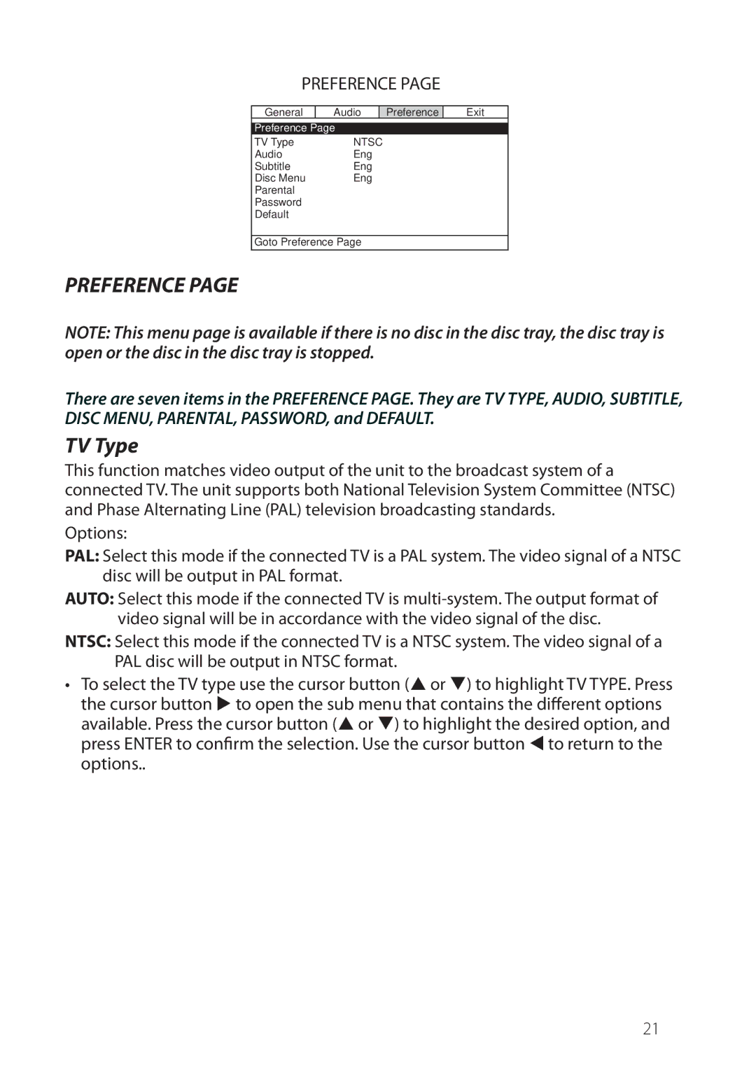 Philips JENHR1D operation manual Preference, TV Type 