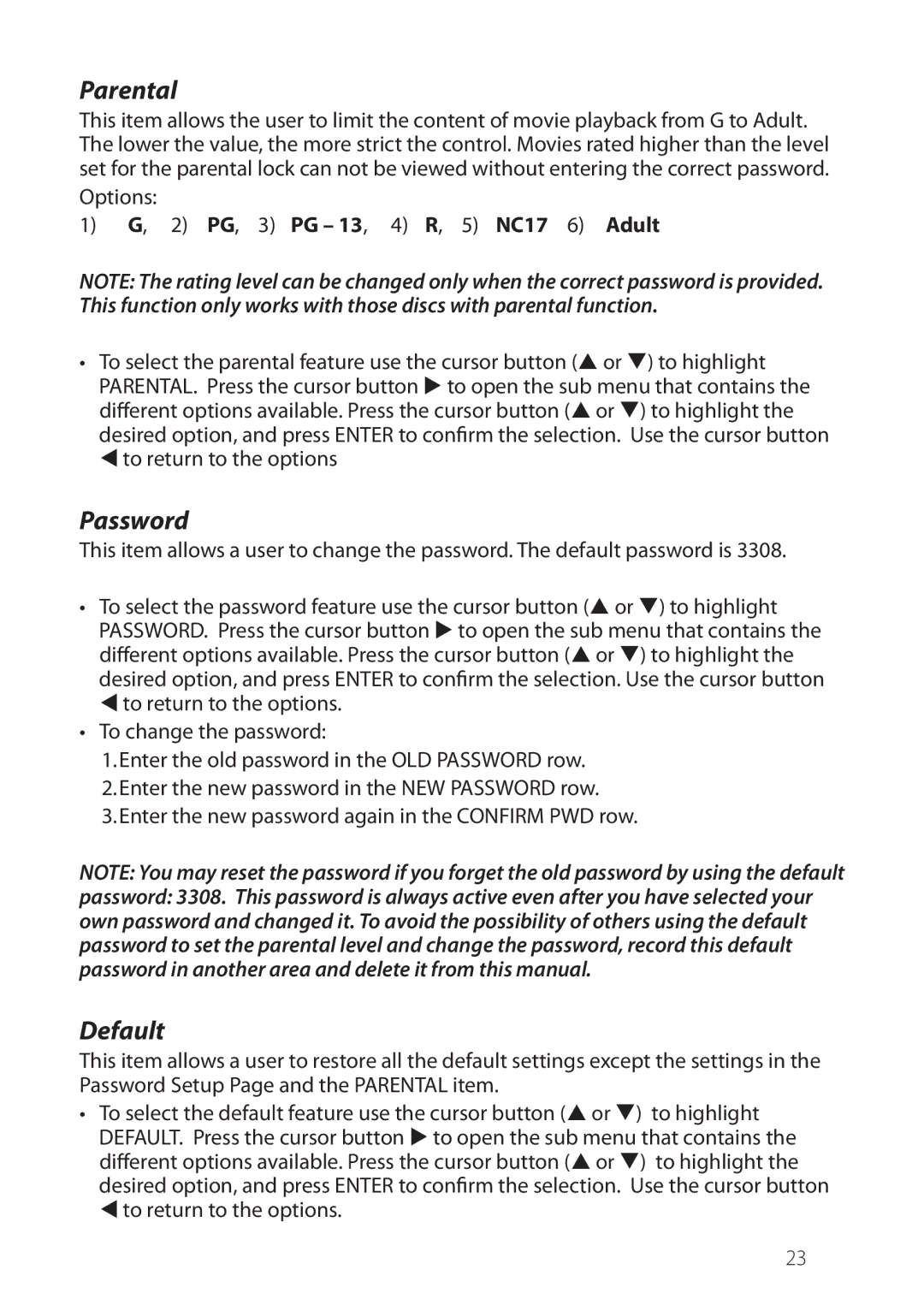 Philips JENHR1D operation manual Parental, Password, Default 