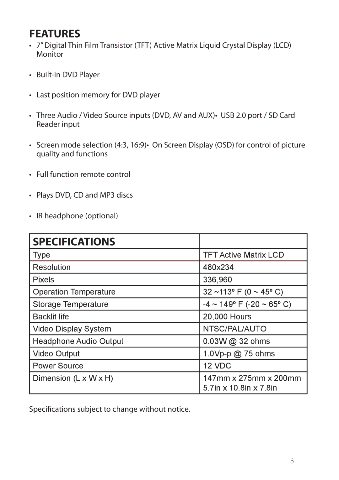 Philips JENHR1D operation manual Features, Specifications 