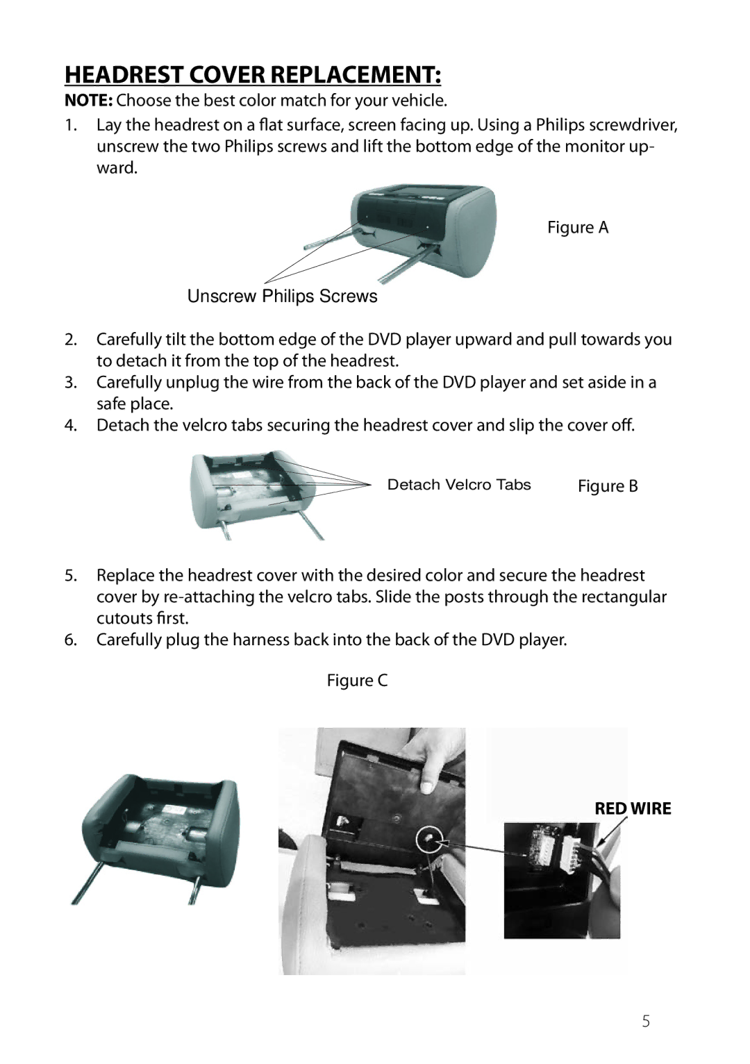 Philips JENHR1D operation manual Headrest Cover Replacement, RED Wire 