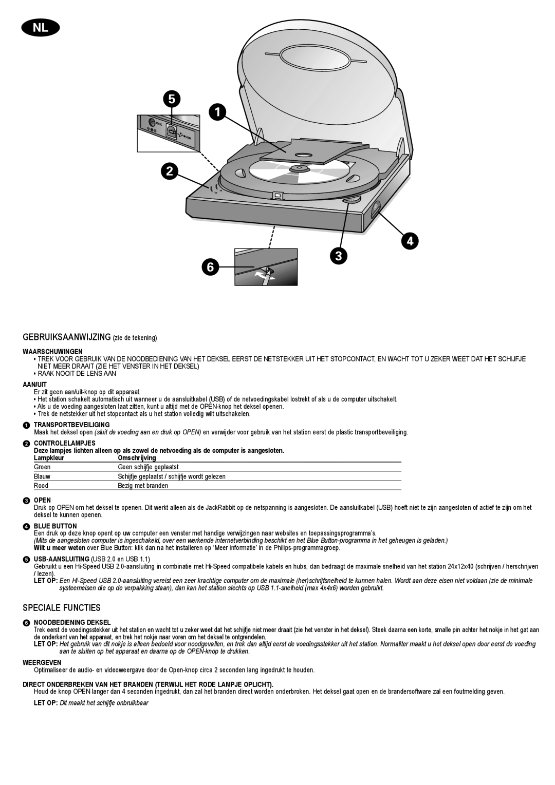 Philips JR24CDRW manual Gebruiksaanwijzing zie de tekening, Speciale Functies 