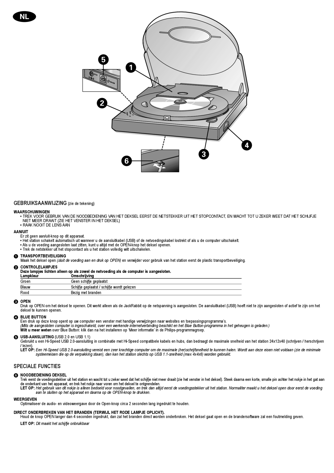 Philips JR24CDRW manual GEBRUIKSAANWIJZING zie de tekening, Speciale Functies 