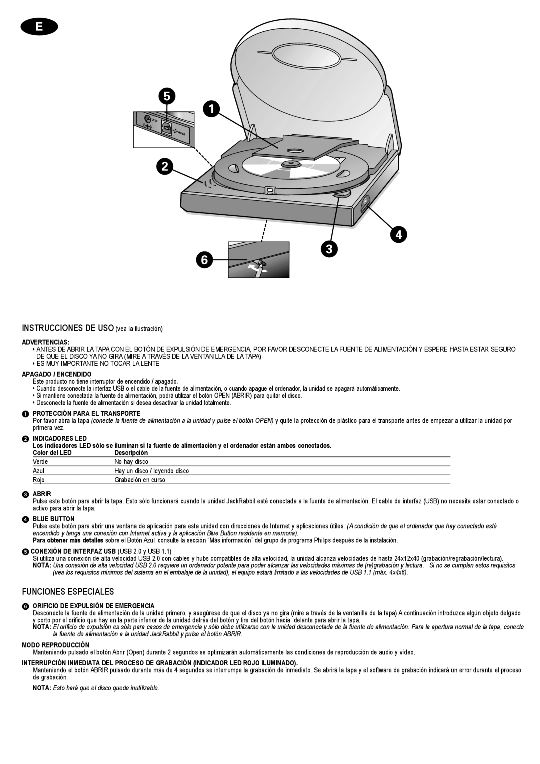 Philips JR24CDRW manual INSTRUCCIONES DE USO vea la ilustración, Funciones Especiales 