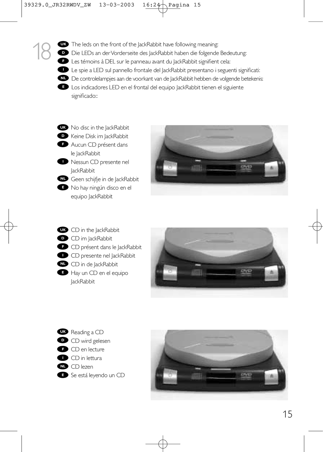 Philips JR32RWDV manual Leds on the front of the JackRabbit have following meaning, Nessun CD presente nel JackRabbit 