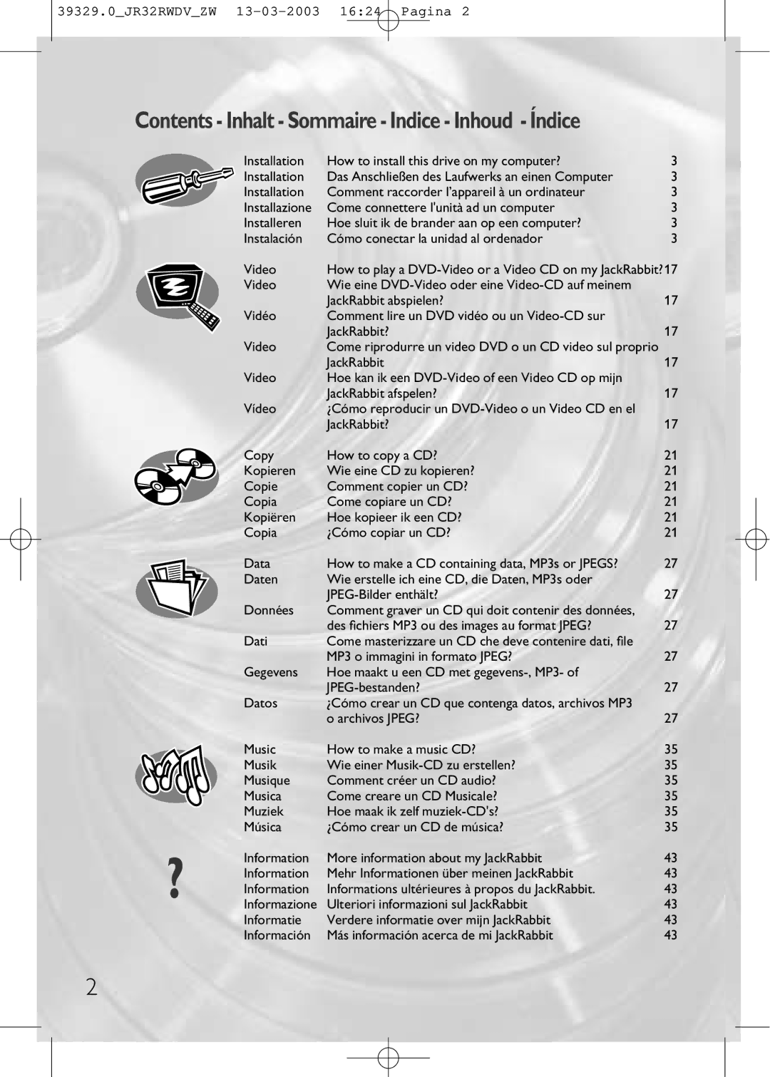 Philips JR32RWDV manual Contents Inhalt Sommaire Indice Inhoud Índice 