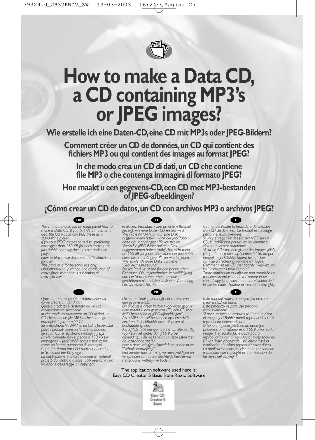 Philips JR32RWDV manual How to make a Data CD CD containing MP3’s Or Jpeg images? 